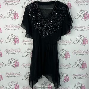 Dress mini beaded embroidered sequins sparkly flowy Black Beaded V-Neck Dress